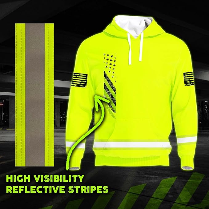 US Flag High Visibility Hoodie for Men Reflective Hoodie Safety Workwear for Worker Runner Patriotic ACC02