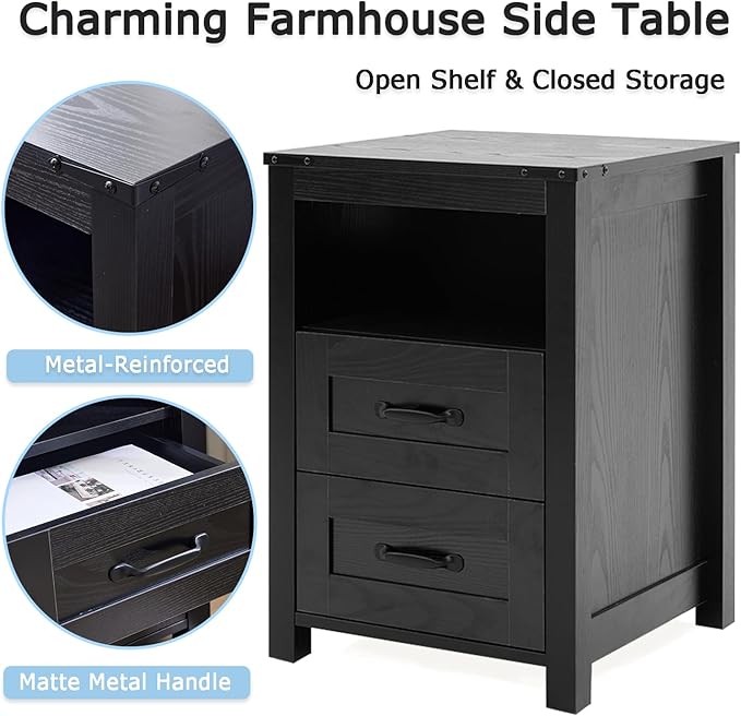 Black Rustic Night Stand, Farmhouse End Table, Modern Bedside Table with 2 Storage Drawers and Open Shelf, Tall Nightstand for Bedroom