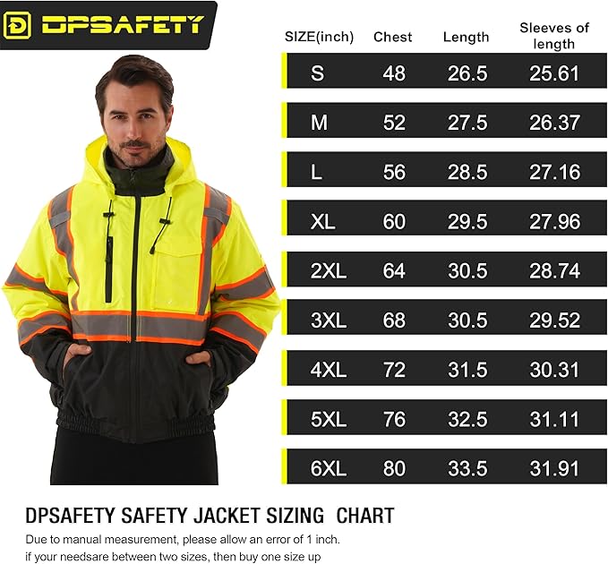 Hi Vis Safety jacket for men,Reflective high Visibility Hooded jacket,Work Bomber Jacket with Pockets and Zipper,Waterproof,ANSI Class 3 Black Bottom Yellow,Small