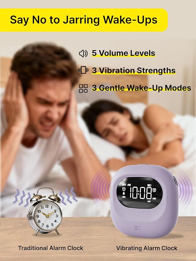 ROCAM Vibrating Alarm Clock for Heavy Sleepers, Rechargeable 3000mah Portable Deaf Clock Bed Shaker for Bedroom Or Dorm, Dual Alarm 160-Day Standby Mini Alarm Clock for Teens, Adults, Purple