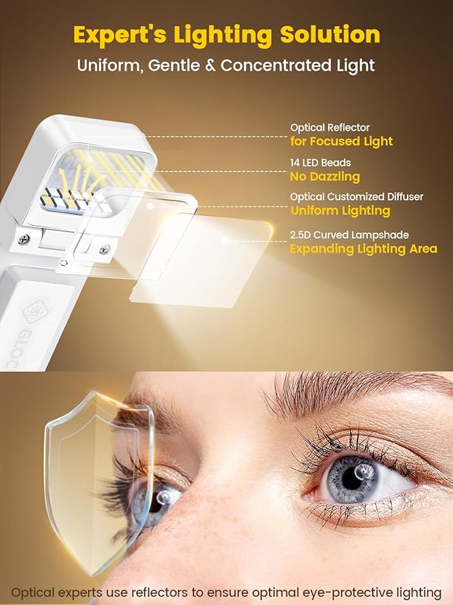 Glocusent 14 LED Sleep Aid Reading Light, Eye Caring Book Light for Reading in Bed, 3 Colors & 5 Brightness Stepless Adjustable, Rechargeable for 90 Hrs with Timer, Perfect Book Lamp for Bookworms