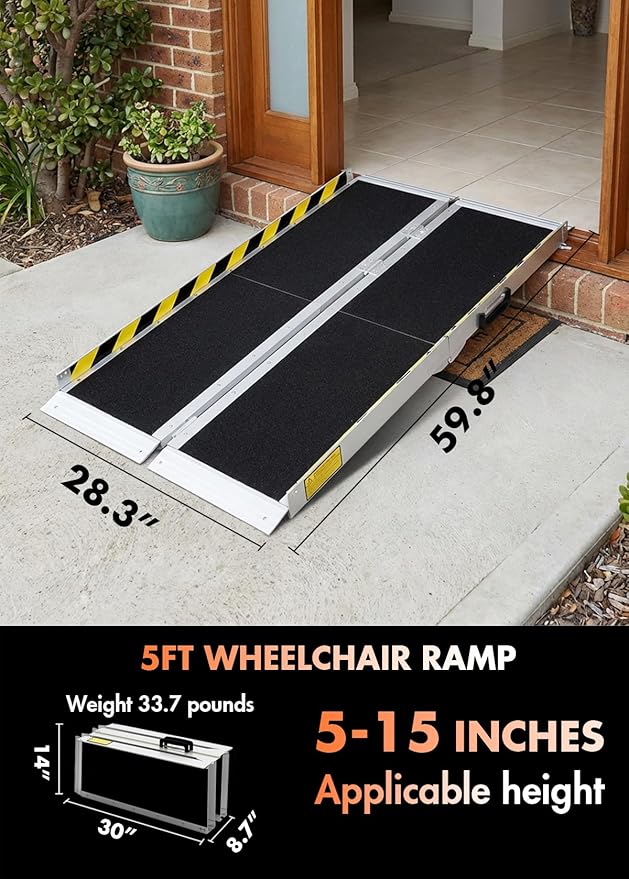 Protable Wheelchair ramp 5FT,Non-Slip Folding Aluminum Handicap Ramps,Threshold Ramps for Home,Holds up to 600lbs,Wheelchair ramp for Steps,Stairs,Doorways (5FT Useing Height 5-15inch)