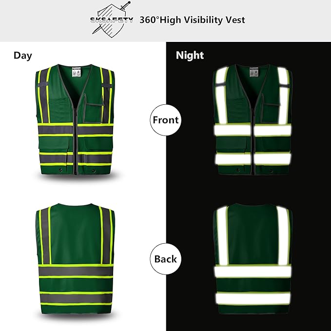 SKSAFETY 10 Pockets Safety Vest, Class 2 High Visibility Security with Zipper, Hi Vis Vest with Reflective Strips, ANSI/ISEA Standard, Construction Work Vest for Men ＆ Women （Green,M）