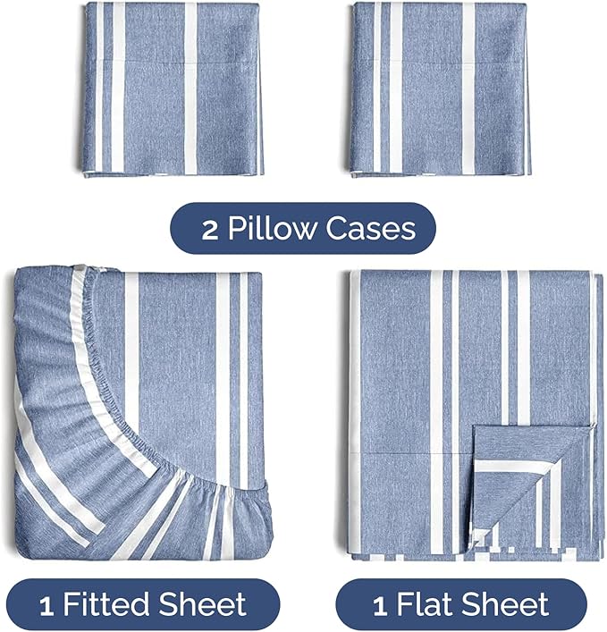 Twin XL 4 Piece Sheet Set - Cooling and Breathable Bed Sheets - Hotel Luxury Bed Sheets for Women, Men, Kids and Teens - Deep Pockets - Easy Fit - Soft and Wrinkle Free - Twin XL Blue Stripes Sheets