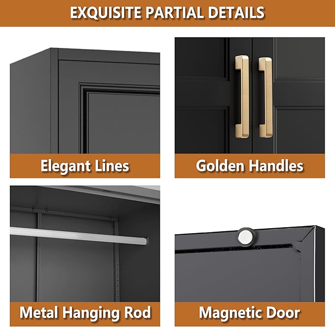 Metal Armoire Wardrobe Closet with Hanging Rod, 71" Tall Wardrobe Cabinet for Clothes, Black Clothing Storage Cabinet with Doors and Shelves, Large Wardrobes for Bedroom, Office, School, Gym