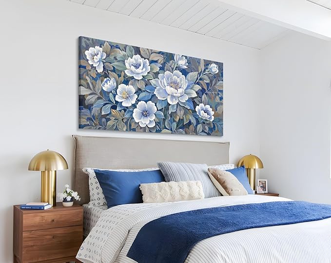 amatop Large Wall Art Abstract Floral Canvas Wall Decor Blue White And Gray Picture Natural Botanical Artwork For Living Room Bedroom Office Dining Room Hallway 48X24