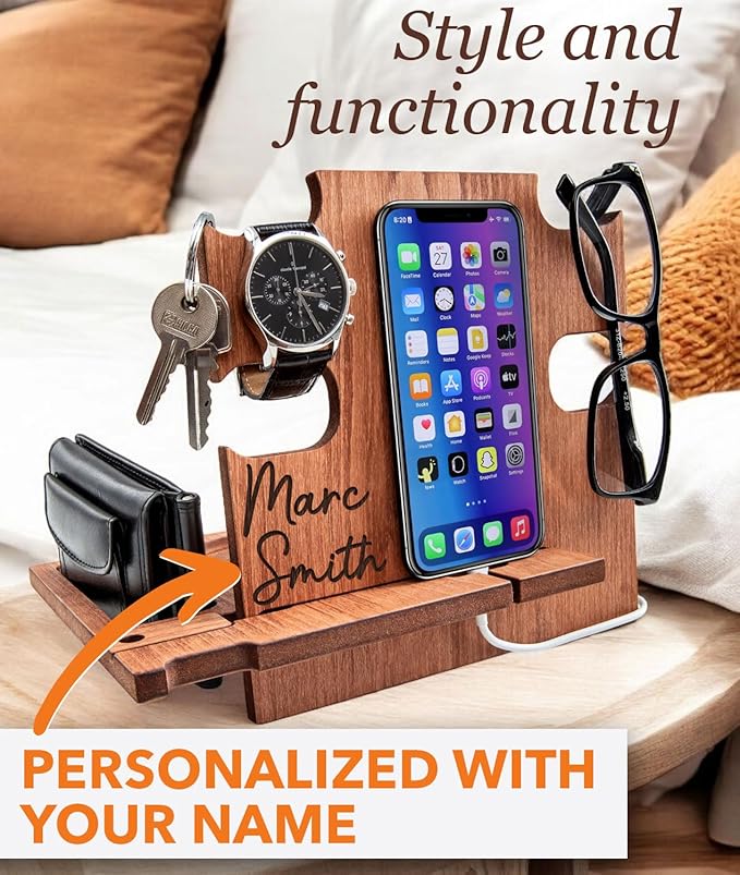 GRETAOTO Personalized Wood Phone Docking Station Gift for Men Bedside Nightstand Charging Station Organizer Mens Accessories Phone Stand Anniversary Birthday Gifts for Dad Him Husband