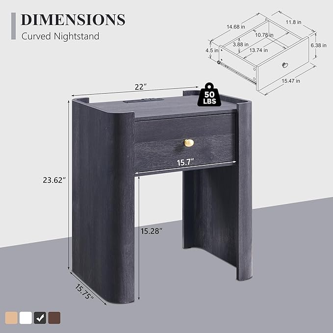 23.6" Tall Modern Nightstand with Charging Station, 22" Wide Curved Bedside Table with 1 Storage Drawer, Wooden Night Stand, Large End Table for Bedroom, Living Room, Dark Grey