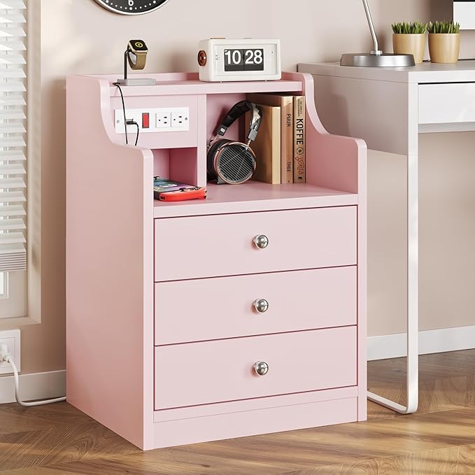 ADORNEVE Nightstand with Charging Station,Pink Night Stand with Hutch,Bedside Table with Drawers,Bed Side Table with Storage