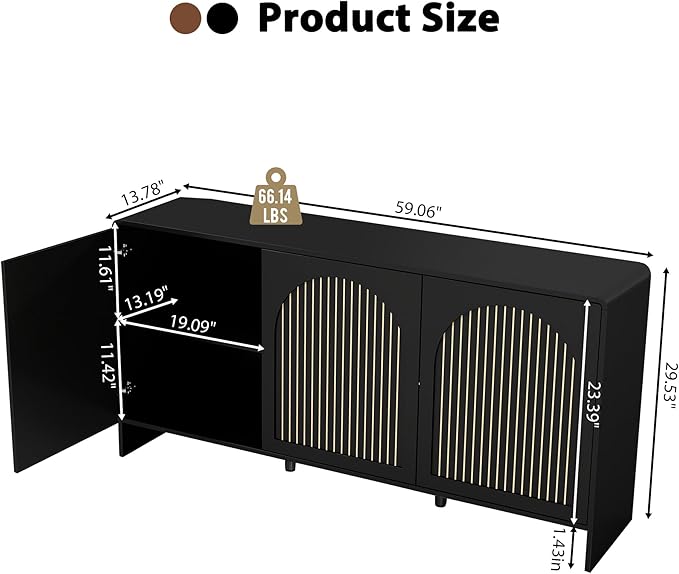 59" Sideboard Buffet Cabinet with Storage, Wood Arched TV Console Storage Cabinet with 3 Doors and Adjustable Shelf, Large Curved Accent Cabinet for Living Room Hallway Kitchen Dining Room, Black