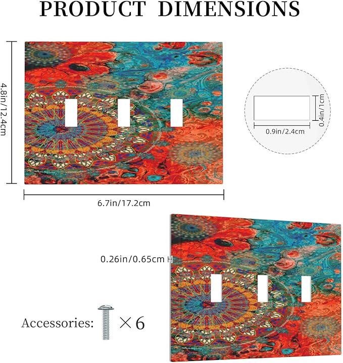 Abstract Ombre Colorful Indian Mandala 3 Gang Light Switch Covers Triple Toggle Wall Plate Decorative Switchplate Electrical Faceplate for Livingroom Bedroom Bathroom Decor