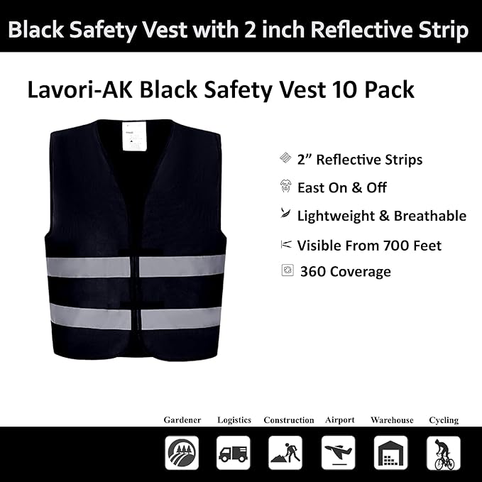 Black Safety Vests 20 Pack - Reflective High Visibility Construction ANSI Class 2 Work Vests for Men,Woman,Hi Vis Mesh and Neon Silver Strip