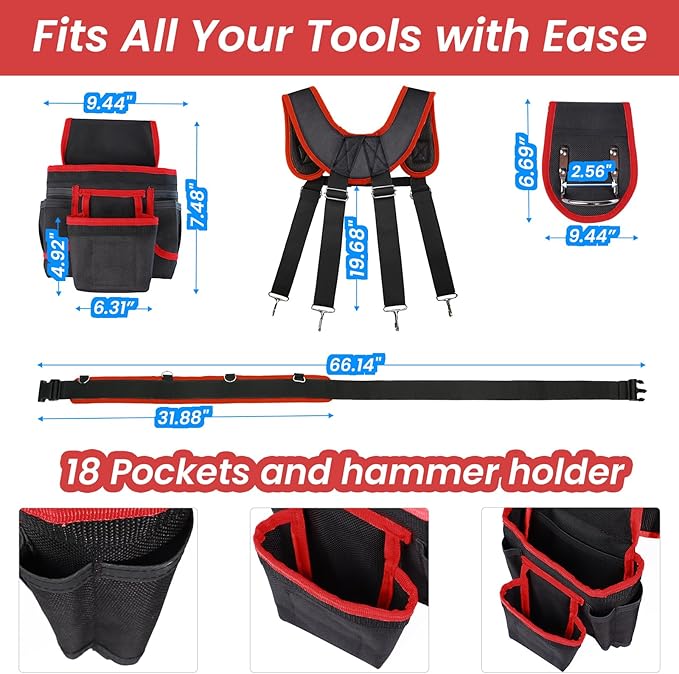 Tool Belt With Suspenders, Heavy Duty Magnetic Tool Belts for Men with 18 Pockets, Tool Belt with Adjustable 32 to 66 Inches Detachable Waist for Electricians, Carpenters, Framers, Black-Red