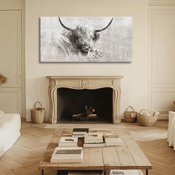 MLART99 Farmhouse Decor Wall Cow Painting Wall Art for Living Room White Flower Wall Decor 29"x 58" Grey Artwork for Bedroom Dining Room Decorations
