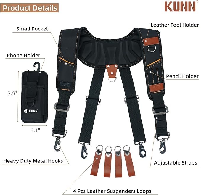KUNN Leather Tool Belt Suspenders Construction Bag Suspenders Molded Air Channel Work Belt Suspender for Carpenter Electrician,Brown