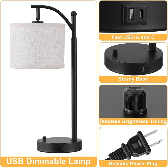 Arc Table Lamp Set of 2, Bedside Lamps with A+C Charging Ports, Stepless Dimmable Modern Standing Lamp with Adjustable Brightness, Desk Light for Living Room, Bedroom, Office Reading, Black