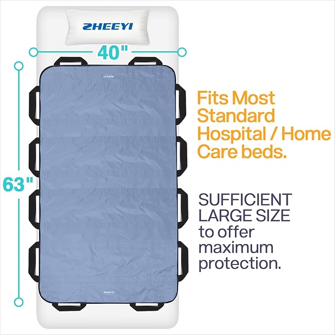 Bed Positioning Pad with Reinforced Handles 63" x 40" Washable Patient Transfer Slide Sheet for Body Lifting, Turning, Repositioning, for Elderly, Incontinence, Caregiver, Blue Gray