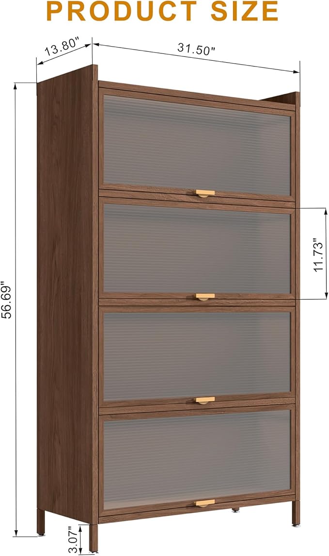 57'' Tall Metal Storage Cabinet with 4 Flip Doors, Freestanding Steel Organizer with Ample Storage Space for Bedroom Living Room Kitchen Office Entryway, Storage Organizer Walnut Finish