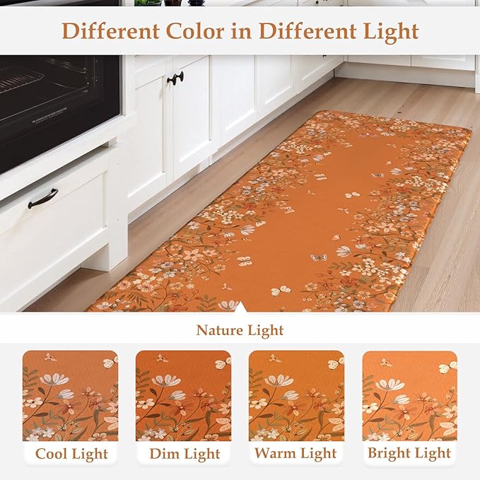 KIMODE Fall Kitchen Mats Cushioned Anti Fatigue, Orange Farmhouse Kitchen Rugs Sets of 2, Halloween Kitchen Mats for Floor, Padded Kitchen Floor Mats for Sink Laundry Office Desk 20"x47"+20"x32"