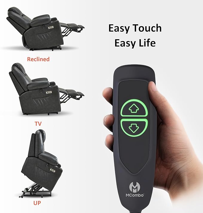 MCombo Power Lift Recliner Chair for Elderly, Lift Chair with Heat and Massage, FSC Certified, USB Ports, Cup Holders, Faux Leather 7141 (Grey, Small)