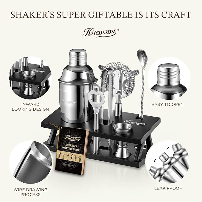 KITESSENSU Cocktail Shaker Set Bartender Kit, 6-Piece Silver Bar Set with Stand, Gold
