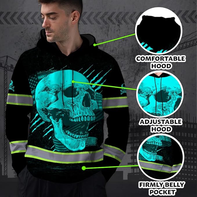 Matedecor Skull US Flag Reflective High Visibility Hoodie For Men Construction Hi Vis Safety Workwear Custom Name