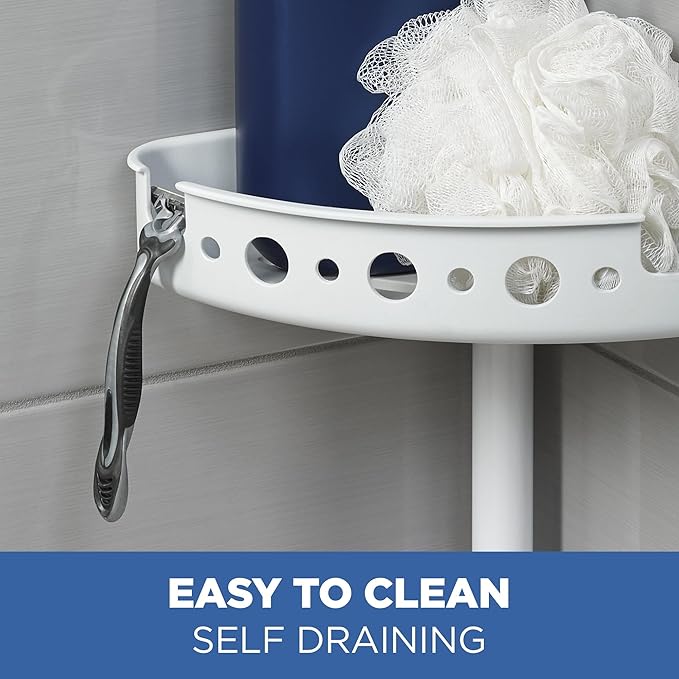 4-Tier Tension Corner Shower Caddy, White Steel Pole, Adjustable 60-96 Inches, 3 Shelves with Deep Basket, Rust-Resistant Finish