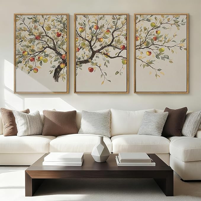 IAPTTOP Large Neutral Botanical Wall Art 16x24 Inch Beige Fall Wood Tree Canvas Wall Decor Rustic Farmhouse Leaves Wall Painting Art Print for Kitchen Living Room Set of 3