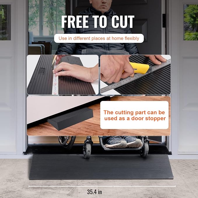 VEVOR 1.2" Rise Cuttable Threshold Ramp for Doorways, 35.4" Wide Natural Rubber Wheelchair Ramp, Non-Slip Solid Rubber Ramp with Double-Sided Tape for Doorways, Driveways, Bathroom, Smooth Tile