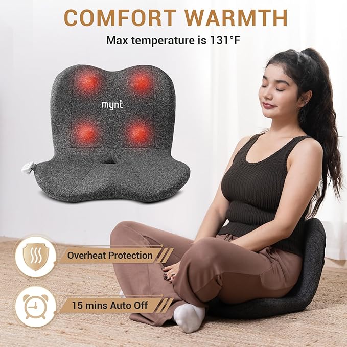 Mynt Lower Back Massager, Shiatsu Hip Massager, Lumbar Rolling Massage Seat Cushion with Heat, Foldable Ergonomic Support Cushion for Home Office Help Improve Sitting Posture, Gift for Mom