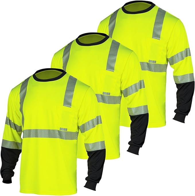 VENDACE 3pcs Safety Reflective Hi Vis Long Sleeve Shirts for Men ANSI Class 3 High Visibility Construction Work T Shirts (Yellow,2XL)