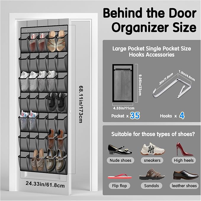 35 Compartment Over The Door Storage - Breathable Mesh Hanging Organizer with Large Pockets, Space Saving Design for Men & Women's Footwear, Closet, Bedroom (Gray)