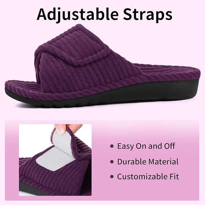 Litfun Orthopedic House Slippers for Women Adjustable Arch Support Indoor Slippers Open Toe Corduroy Bedroom Shoes