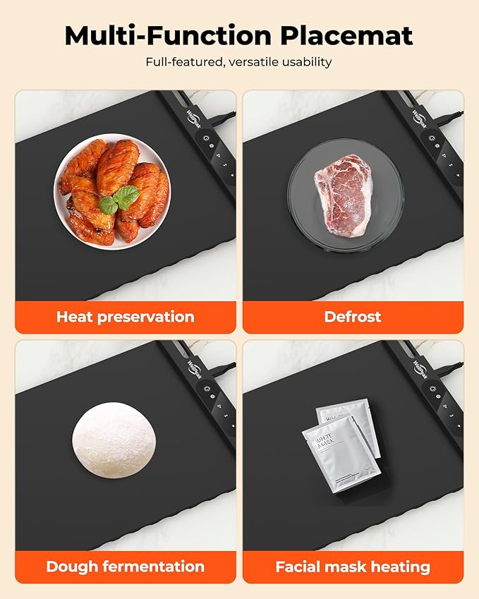 Electric Warming Mat for Food - Full Surface Fast Heating Silicone Tray with 3-Level Temperature, Auto-Off, Raised Feet for Table Protection, Versatile Warmer for Gatherings, Parties, Buffets