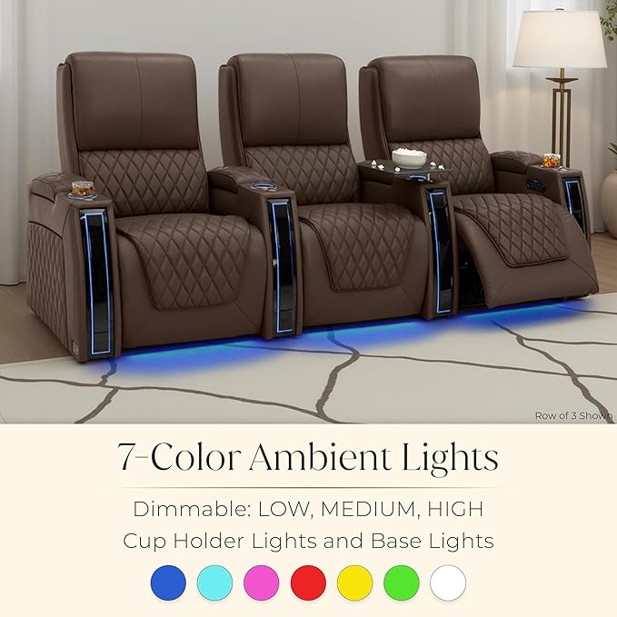 Seatcraft Apex Zero-Gravity CoolZero Italian Leather Home Theater Seating, Powered Headrest, Powered Lumbar, Powered Recline, Row of 5 Right Loveseat, Brown