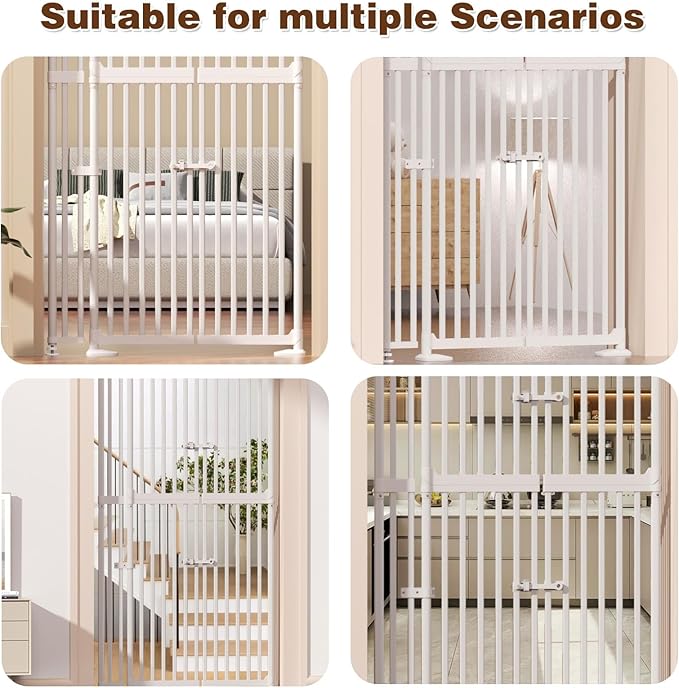 74.8"-90.5" Extra Tall Cat Gate for Doorway, Auto‑Close, No‑Drill Pressure‑Mount with 3 Support Pillars & Double‑Door, Fits 30.3–38.2″ Openings, 1.37″ Narrow Gap, Extension Kit Included, White