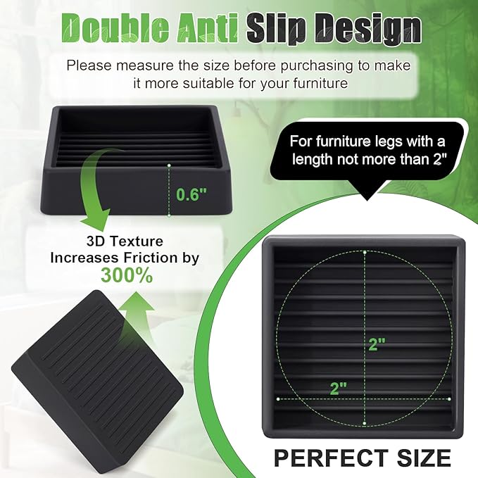 xxxHOLIC Non Slip Furniture Pads for Hardwood Floors, 2 * 2 Inch Black, Set of 4, Rubber Bed Stoppers to Prevent Sliding, Furniture Coasters for Protecting Floors from Scratches and Reduce Noise