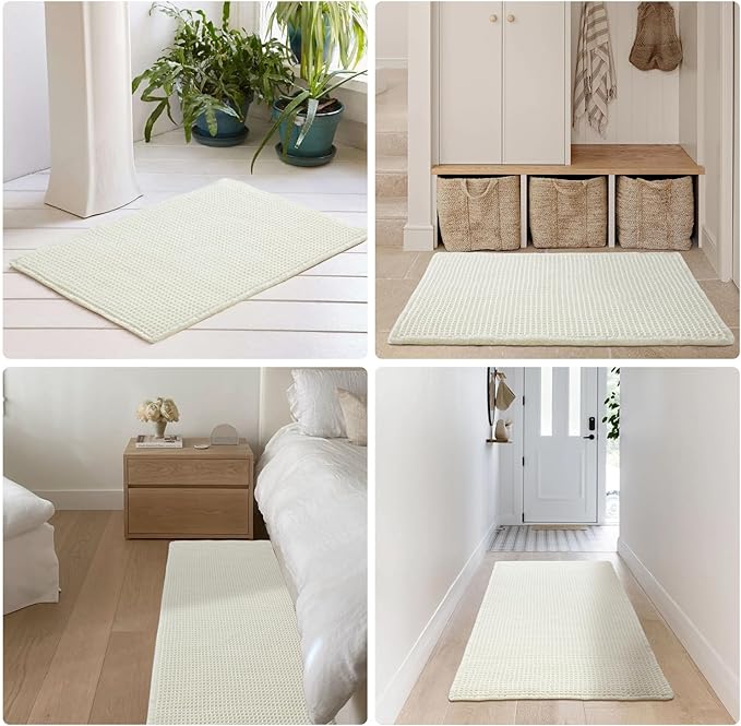 Cream White Bathroom Rugs, Waffle Bath Mat Non Slip Washable Super Absorbent Quick Dry Boho Farmhouse Bathroom Decor, 30"x20" Cream White