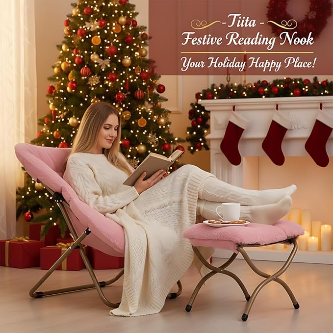 Tiita Folded Chair with Ottoman, Soft Faux Fur Oversized Folding Accent Chair,Lounge Lazy Chair, Metal Frame Moon Chair for Bedroom, Living Room, Dorm Rooms, Garden and Courtyard