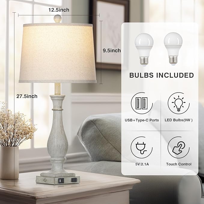 27.5" Grey Farmhouse Lamps Set of 2, Vintage Living Room Table Lamps with USB C+A Ports & AC Outlet, 3-Way Touch Control Bedside Lamp, Rustic Resin Bedroom Lamp for Nightstand Side Table Desk