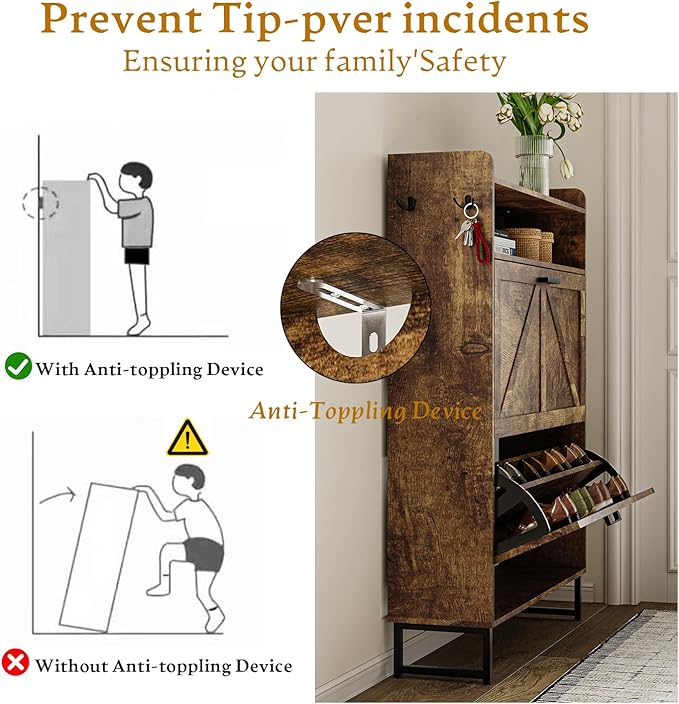 Shoe Cabinet with 2 Flip Drawers, 45" Freestanding Narrow Wood Shoe Storage Cabinet with Metal Legs and Hooks, Slim Shoe Rack Organizer for Entryway, Hallway, Brown