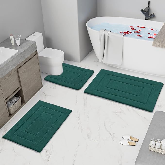 Buganda Bathroom Rugs, 24" x 16", Soft and Absorbent Microfiber Bath Rugs, Non-Slip Shaggy Shower Carpet, Machine Wash Dry Bath Mats for Bathroom Floor, Tub and Shower, Dark Green