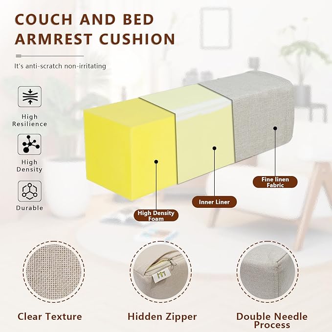 2 Pack Couch Arm Rest Pillow, 6''x6''x20'' Linen Cover, High Density Foam Armrest Cushion, Removable & Washable Elbow Support for Sofa, Bed, and Armchair (Beige)