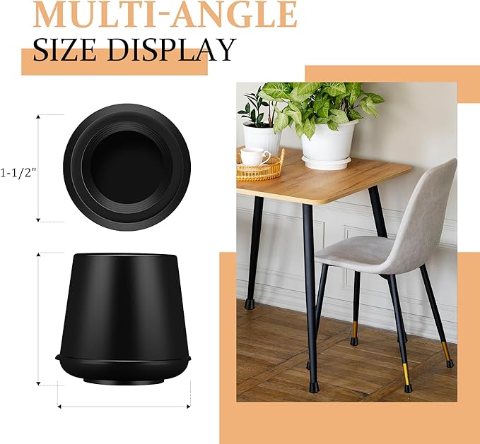1-1/2” Round Rubber Chair Leg Tips Caps, Chair Leg Floor Protectors, Non-Slip Chairs Legs Caps, Stool Feet Protectors Cap, Folding Metal Chairs Legs Tip Replacement (Black, 8 Pack)