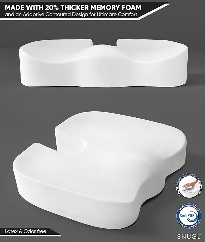 SNUGL Seat Cushion for Tailbone & Back Pain Relief – Orthopedic Memory Foam Coccyx Pillow for Office, Desk & Gaming Chairs – Sciatica & Lower Back Pain Relief, Long Sitting Comfort