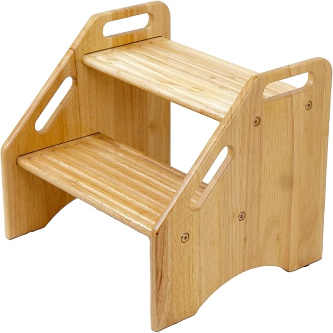 Wooden Step Stool for Toddlers and Adults, 300 lbs Capacity, Two Tier Bathroom Stool with Handles, Lightweight Non-Slip Pads, for Toilet, Sink or Kitchen Use