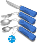 Adaptive Utensils (4-Piece Set) Weighted 7 oz - 42° Angled Utensils for Parkinson's Patients, Hand Tremors, Arthritis & Elderly - Eating Utensils for Elderly (Blue: Right Handed)