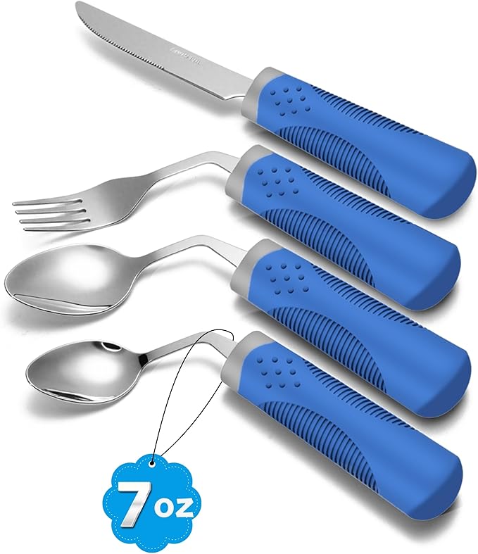 Adaptive Utensils (4-Piece Set) Weighted 7 oz - 42° Angled Utensils for Parkinson's Patients, Hand Tremors, Arthritis & Elderly - Eating Utensils for Elderly (Blue: Right Handed)