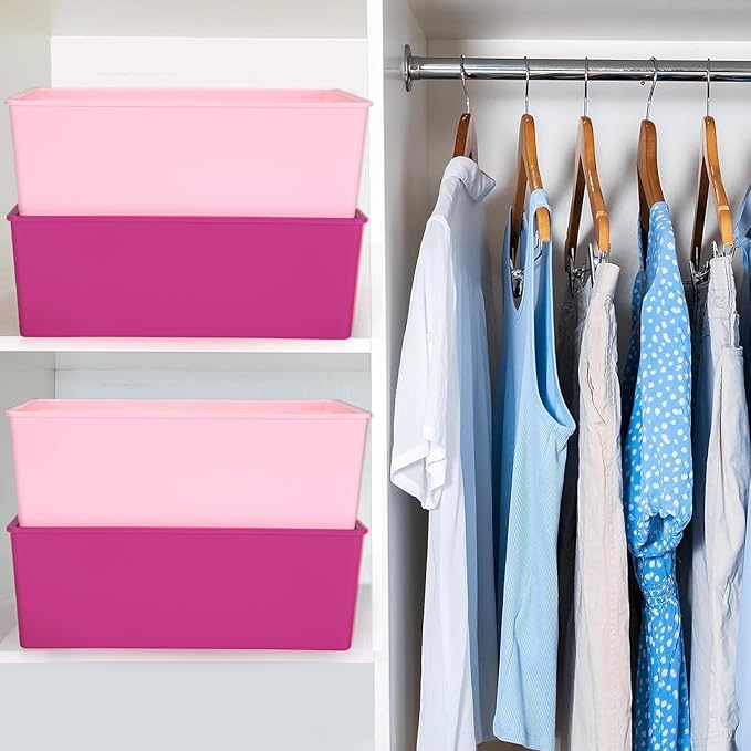 Menkxi 6 Pcs Large Plastic Storage Bins with Lids 14.4 x 10.4 x 5.1 Inch Stackable Storage Containers Decorative Cubby Organizer for Clothes Shelves Garage Closet Office (Pink Series)