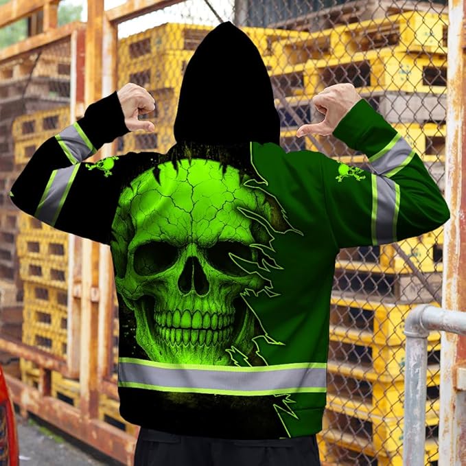 Matedecor Skull US Flag Reflective High Visibility Hoodie For Men Construction Hi Vis Safety Workwear Custom Name